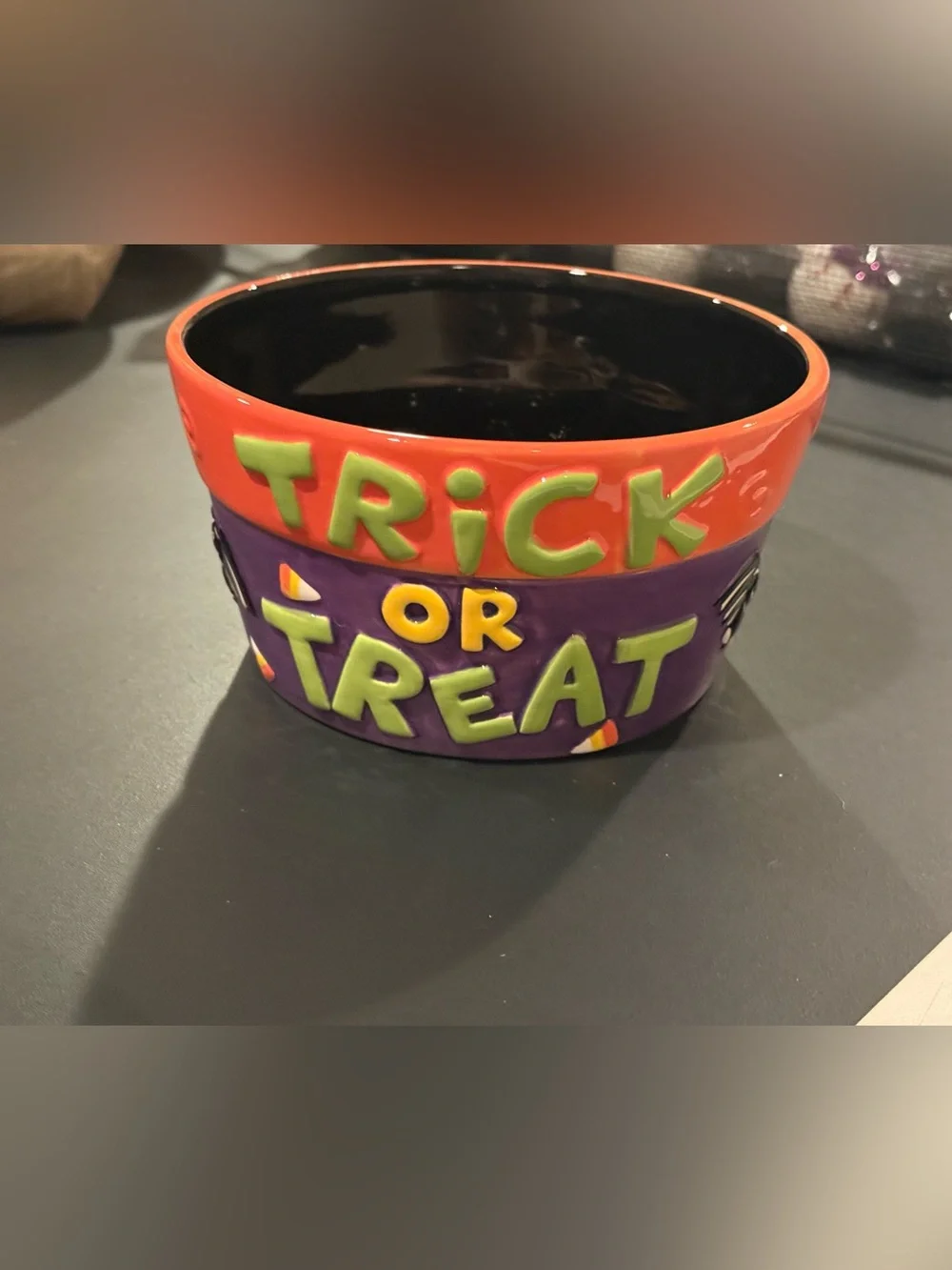Halloween Trick or Treat Ceramic Candy Bowl Bats Candy Corn